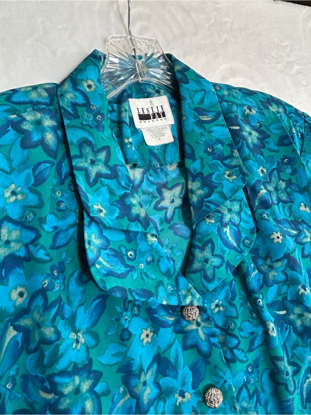 Vintage Leslie Fay Turquoise & Teal Floral Blouse